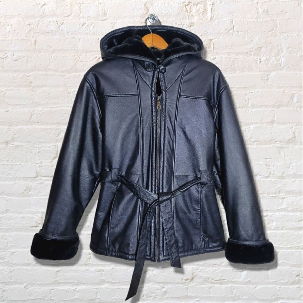 Wilson's Leather Black Leather Hooded Faux Fur Lined Coat W/ Waist Tie
